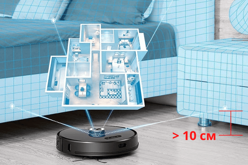 Ein Saugroboter fährt durch die Wohnung, wobei die Lasernavigation die Wohnung scannt.